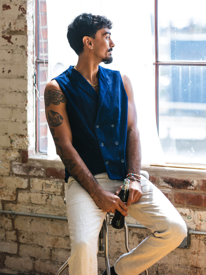 Blue Corduroy Double-Breasted Vest