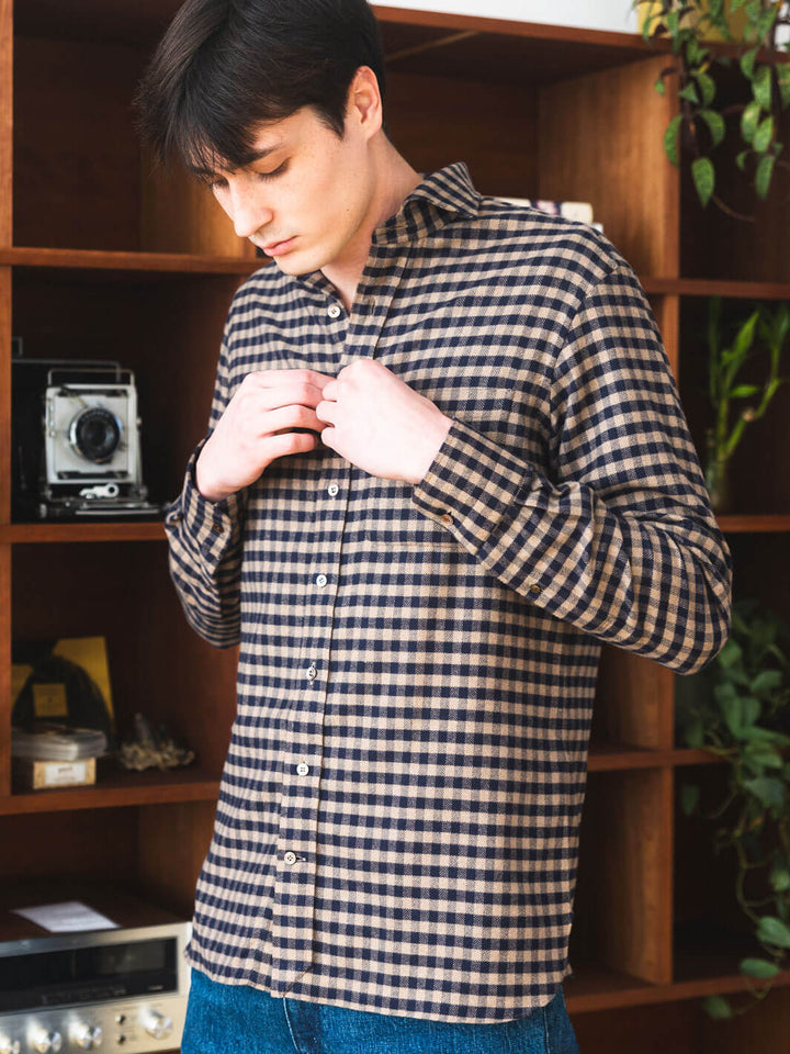 Herringbone Gingham Flannel Shirt - Navy & Beige