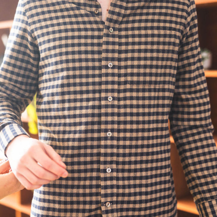 Herringbone Gingham Flannel Shirt - Navy & Beige