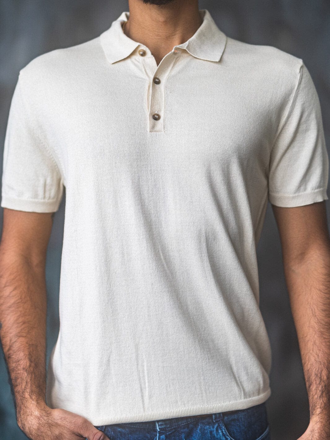 Cream - Silk Cotton - Knit Polo for men